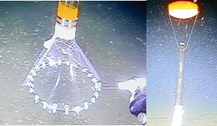 太陽工業が試作したプルーム回収用海中膜（左）と泡が管を通過する様子