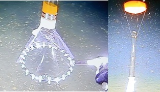 太陽工業が試作したプルーム回収用海中膜(左)と泡が管を通過する様子