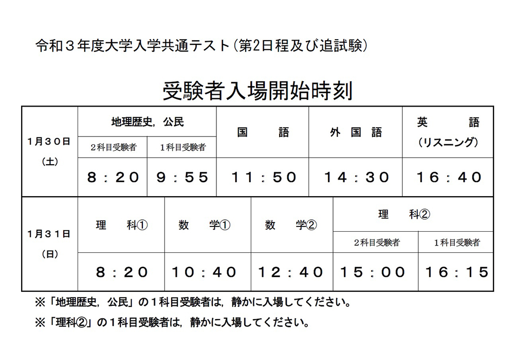 入学 日程 テスト 大学 共通 日程・時間割｜2021年度大学入学共通テスト