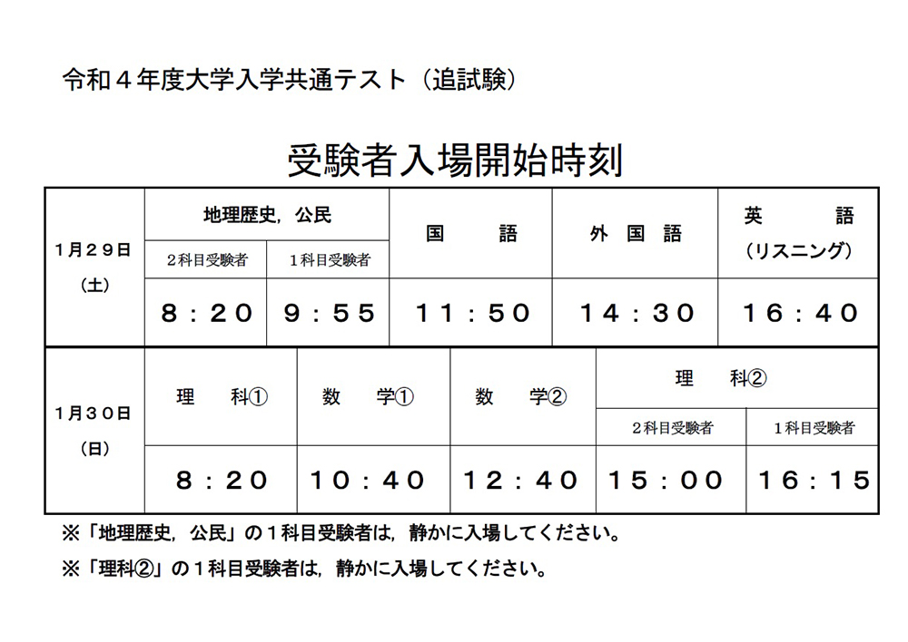 令和4年度大学入学共通テスト[追試験]受験者入場開始時刻表