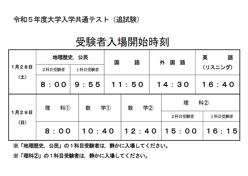 令和5年度大学入学共通テスト[追試験]受験者入場開始時刻表